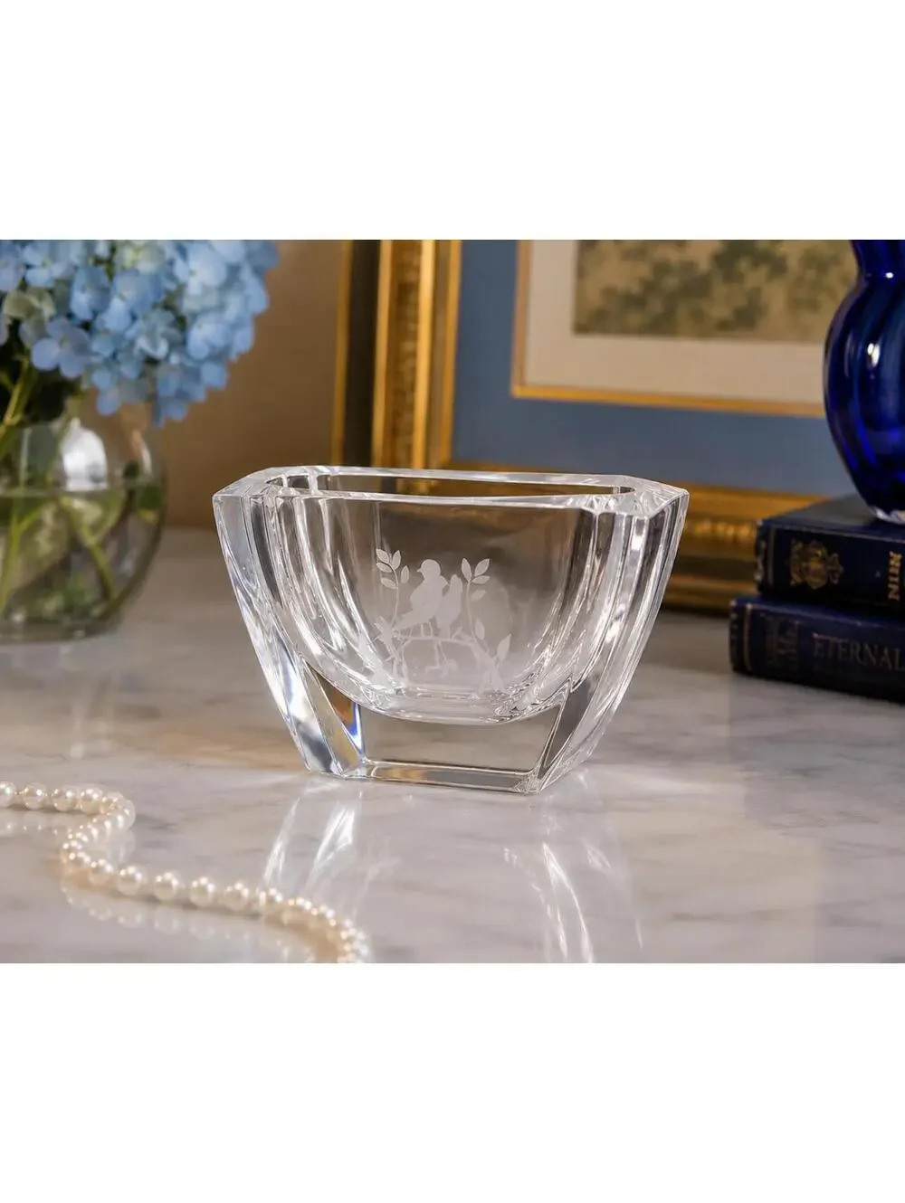 Vintage Signed Orrefors Sweden Crystal Birds Small Vase Bowl Etched Bird Motif